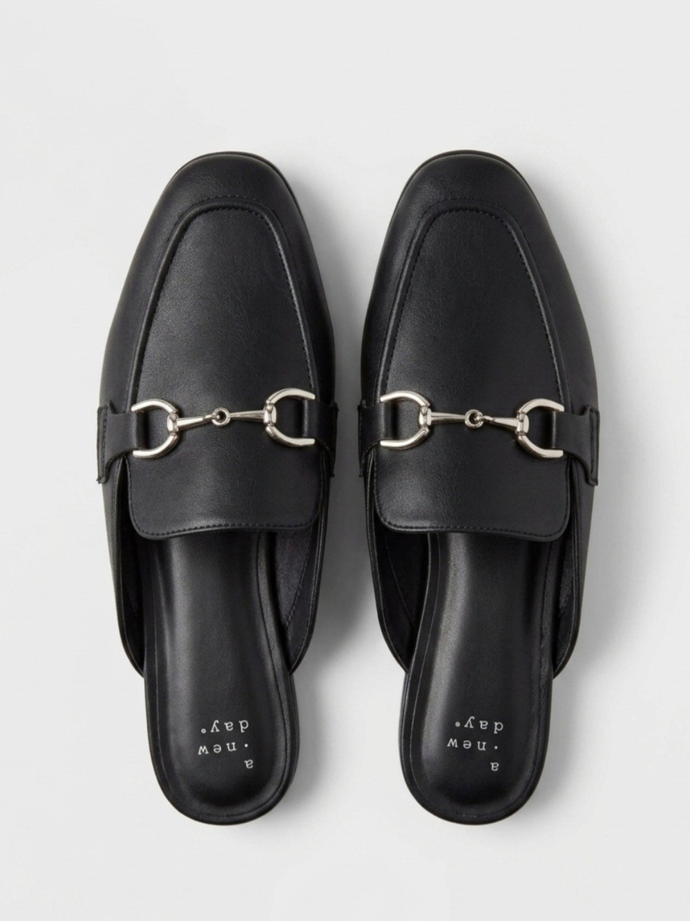 a new day Black Leather Slip-On Horsebit Mules